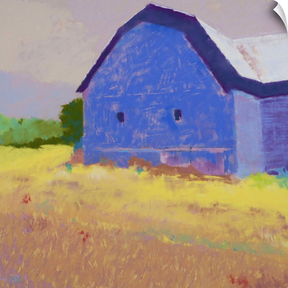 Contemporary painting of a blue barn in a yellow field.