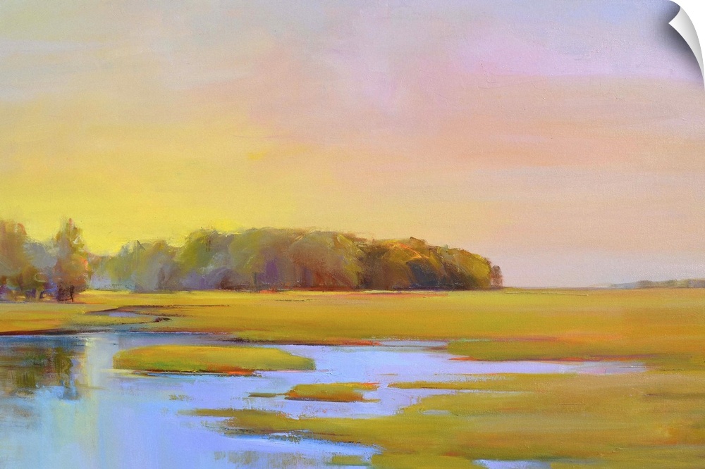 Contemporary landscape painting of a marshland in summer.