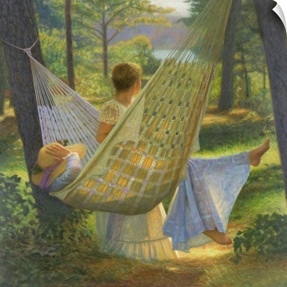Classical painting of a two children playing on a hammock.