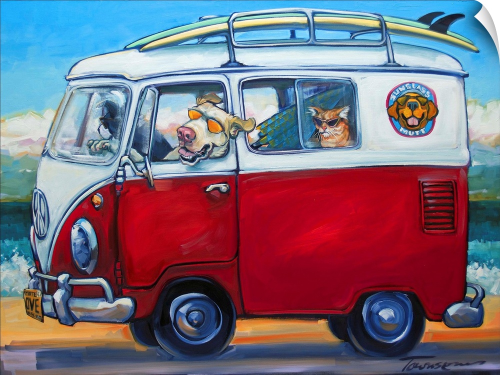Thick brush strokes create a humorous scene of animals riding in a van.