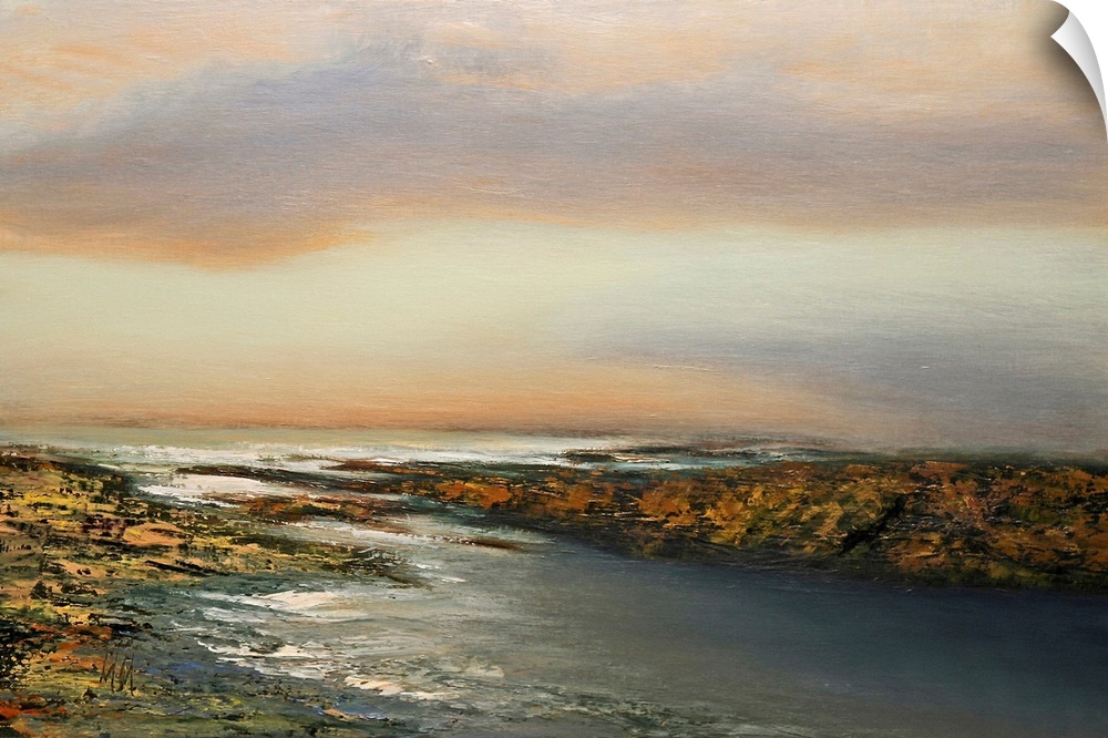 Contemporary seascape painting in front of a pastel sunset.