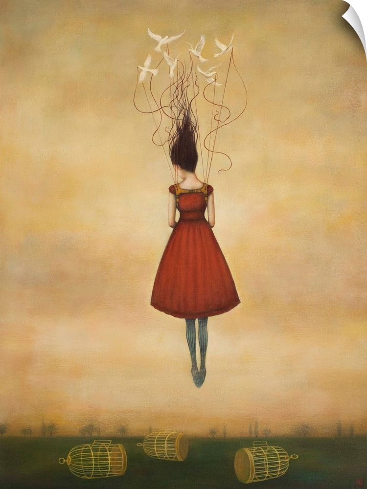 Contemporary surreal artwork of a woman floating in the air in a red dress with birdcages below.