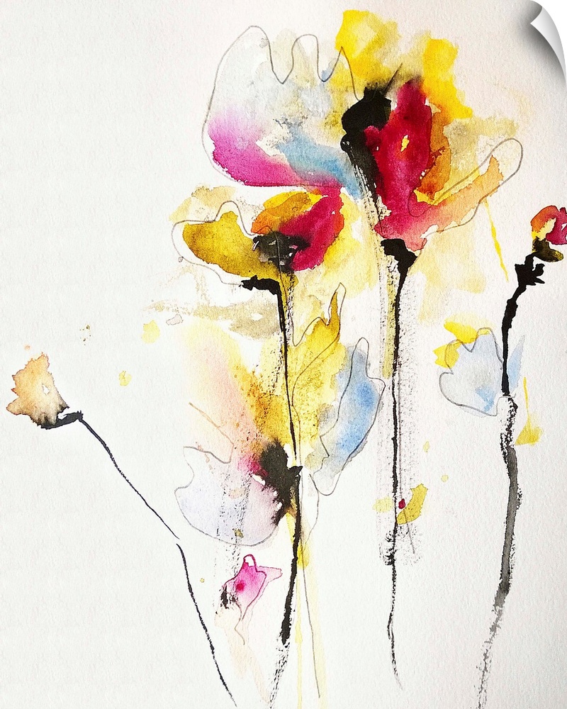Contemporary watercolor painting of vibrant colored yellow and red flowers.