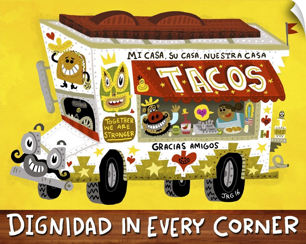 Latin art of a taco truck delivering delicious Mexican food.