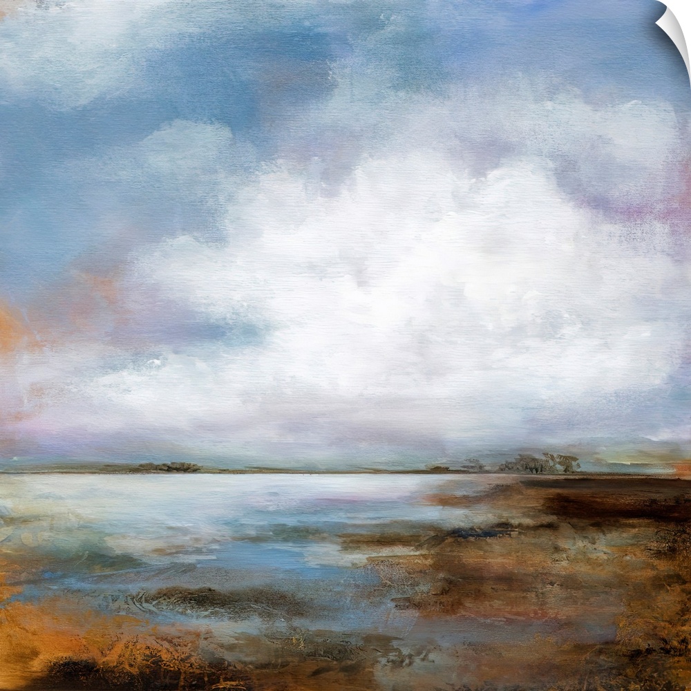 A traditional style painting of a marsh scene in rust tones, with large white clouds overhead