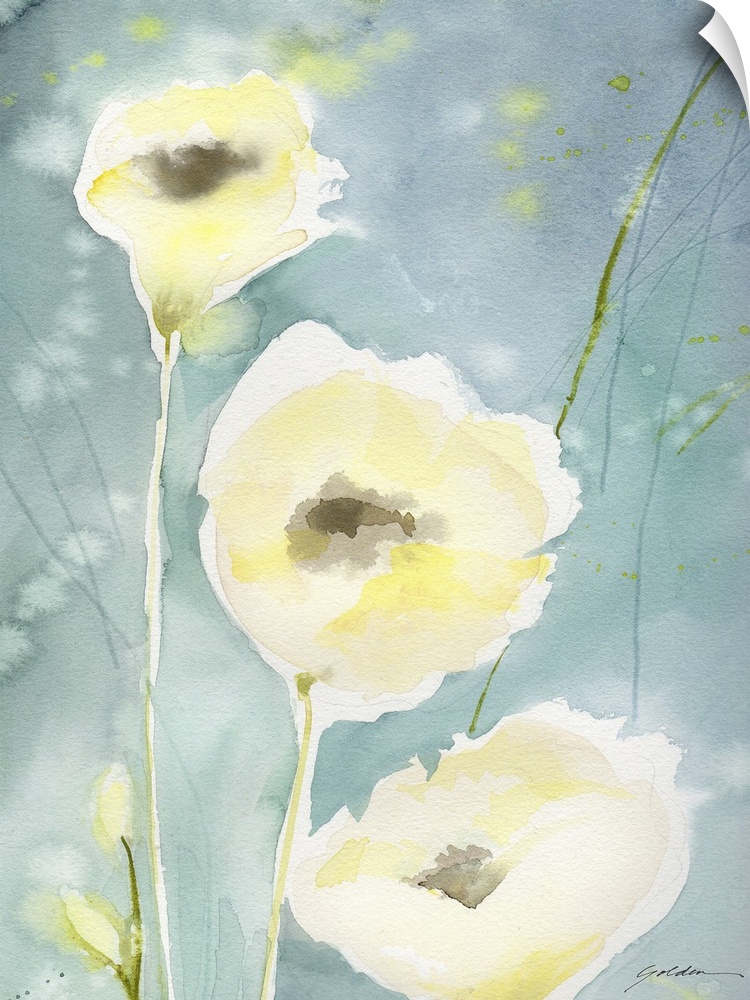 A vertical watercolor painting of delicate yellow flowers against a teal backdrop.