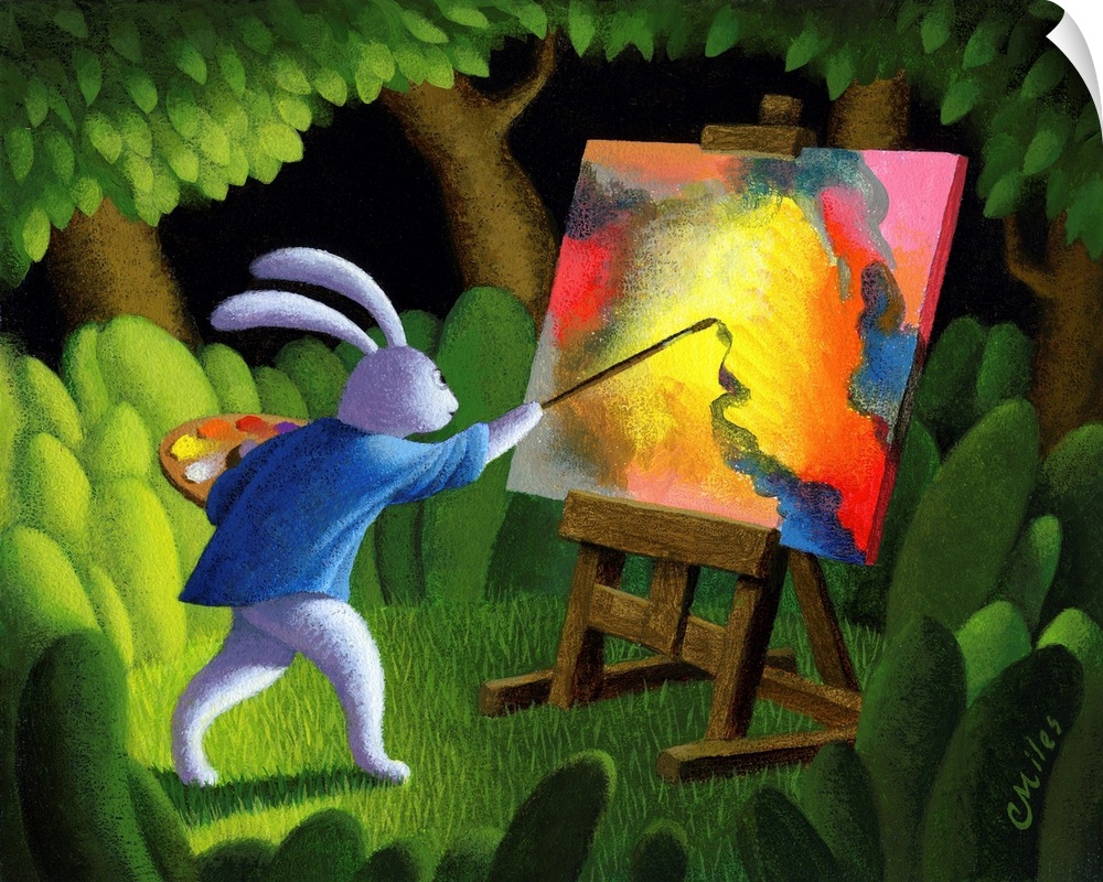 Portrait of a rabbit painting an abstract art piece in the woods.