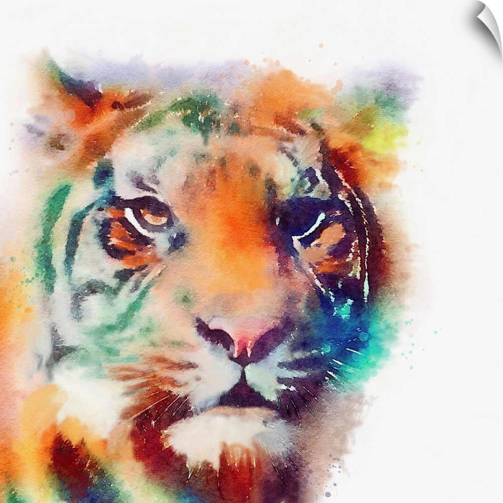 A watercolor painting of a tiger in vivid multi-colors.