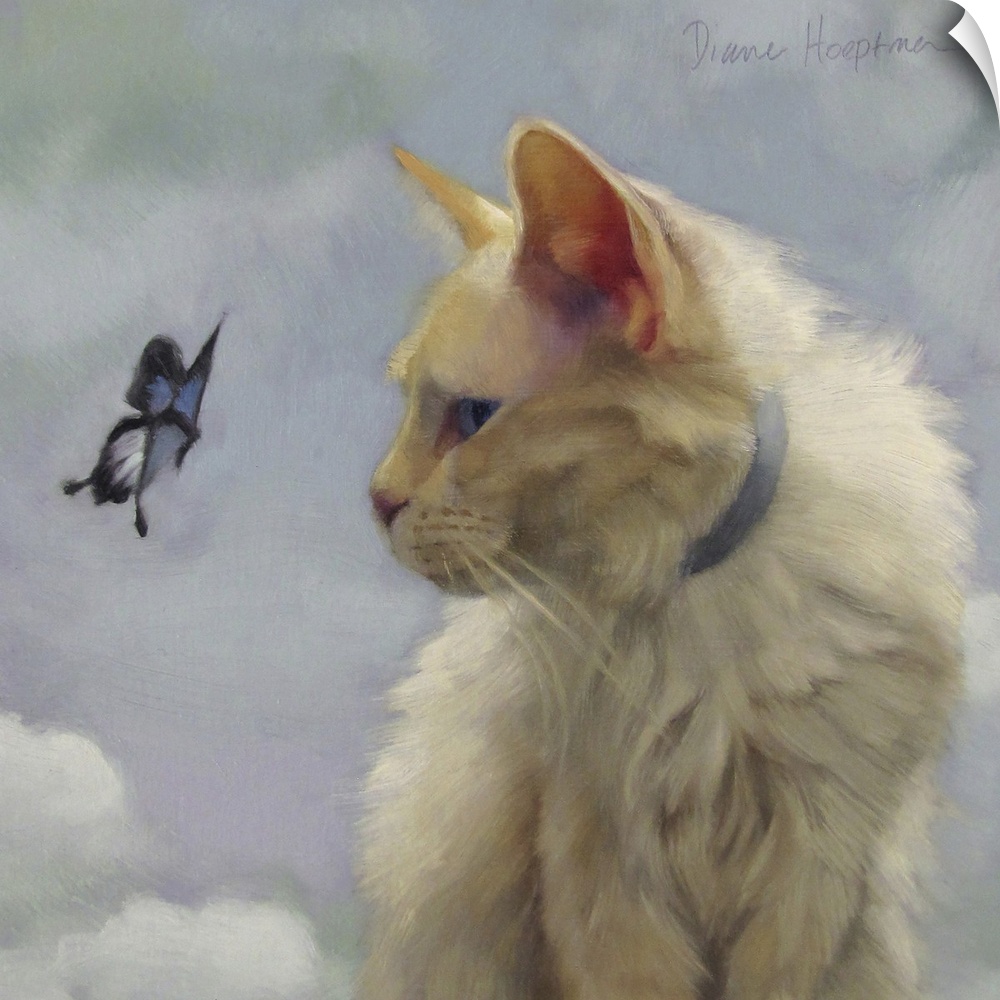 Contemporary painting of a white cat looking at a butterfly.