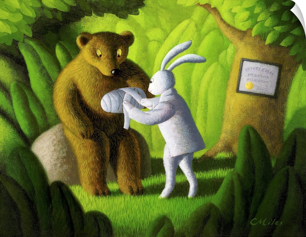 Funny painting of a rabbit playing doctor to a bear.