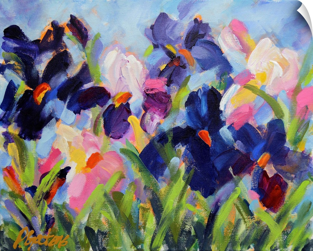 A horizontal abstract painting of irises in colors of purple and white.