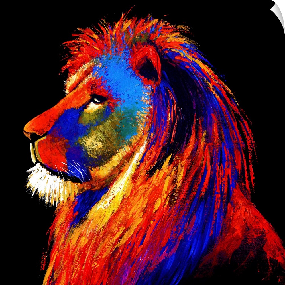 A painting of a lion in vibrant warm colors of red, yellow and blue.