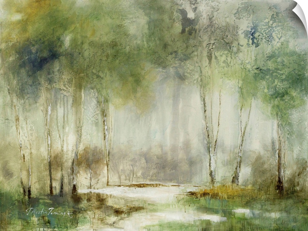 Abstract landscape painting of a forest in muted green hues.
