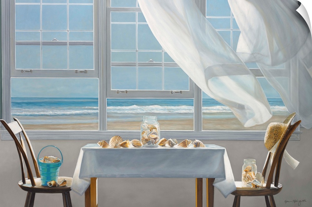 Contemporary still life painting of two chairs and a table with several shells next to an open window with a white curtain...