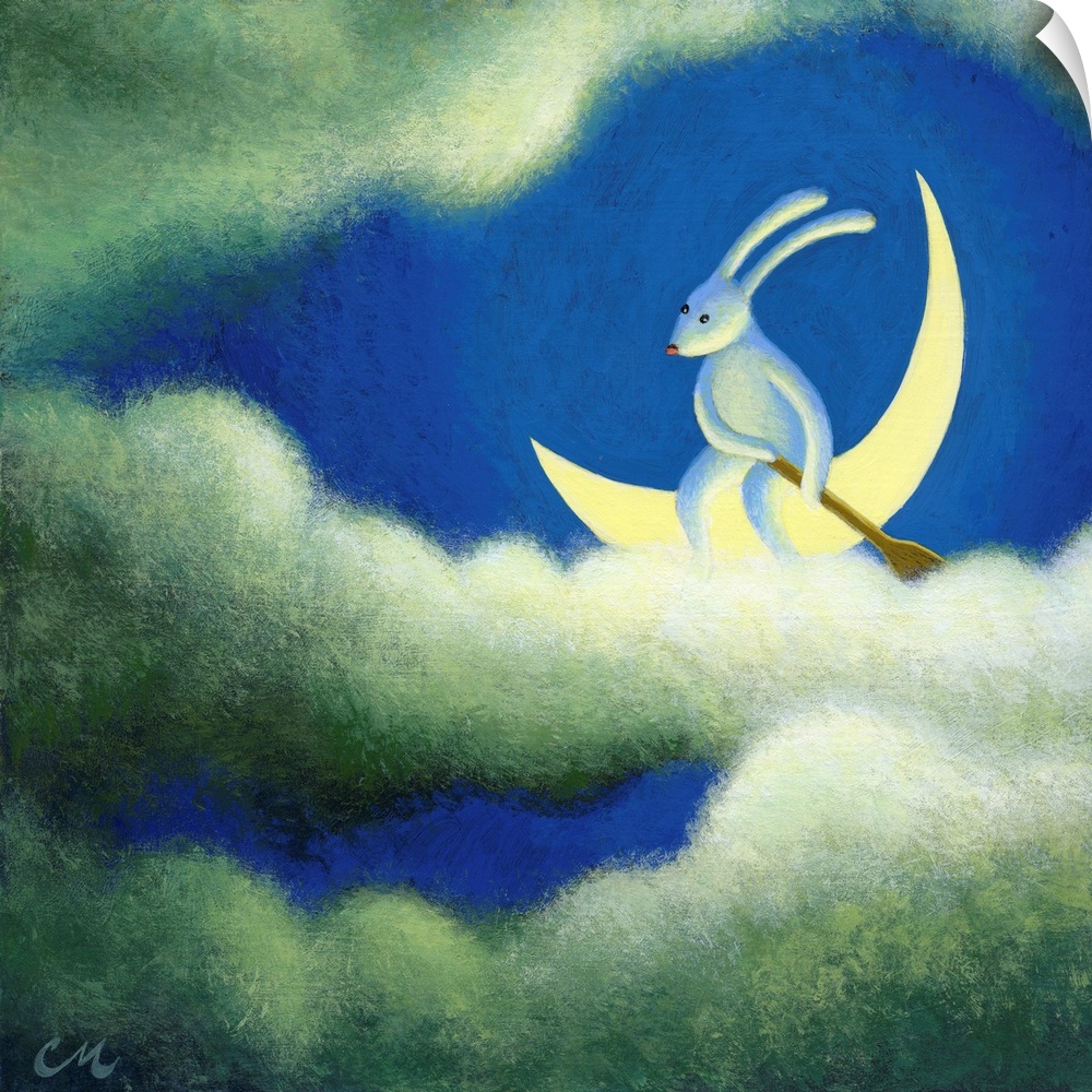 Surrealistic painting of a rabbit sitting on the moon amongst the clouds.