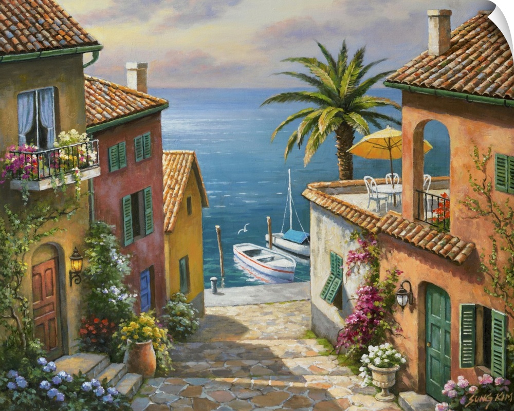 Contemporary painting of an idyllic rural European village scene.
