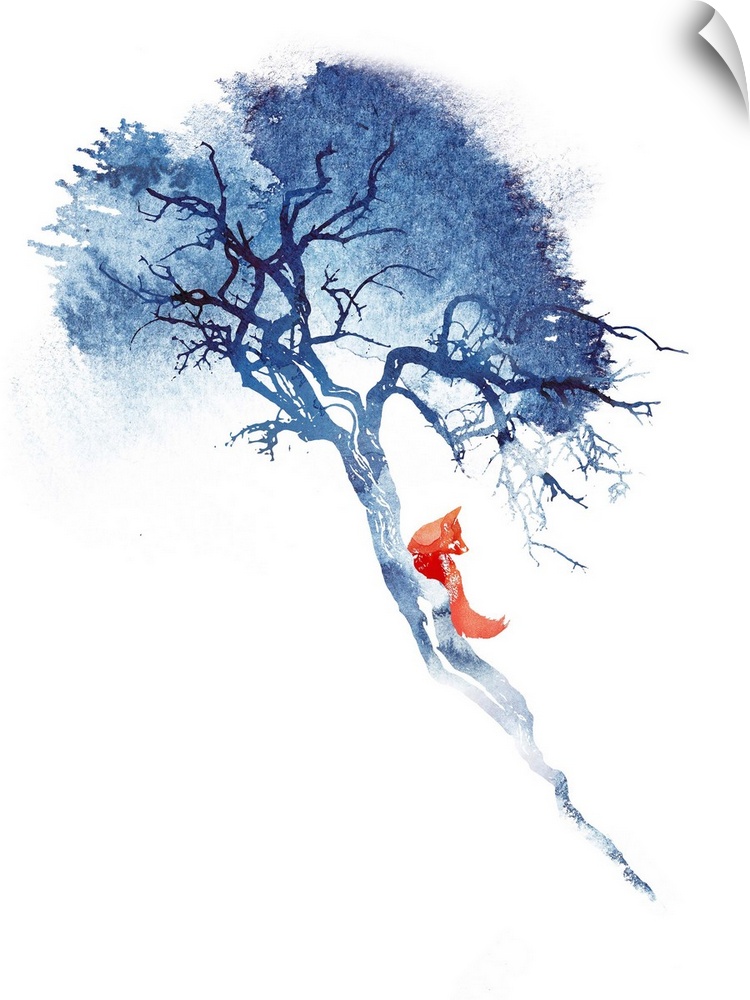 Contemporary artwork that features a lone red fox climbing a blue tree.