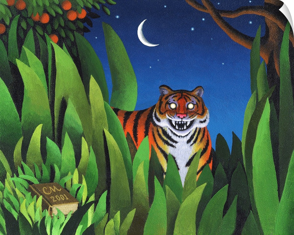 Whimsical painting of tiger in the jungle at night.