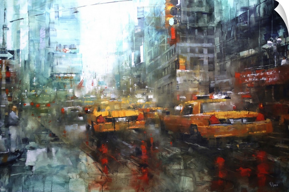 Contemporary painting of a bustling urban city street scene with cars and people.