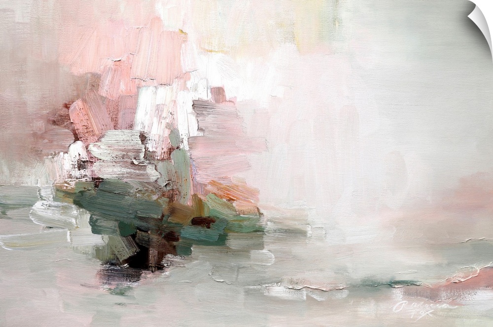 A beautiful contemporary abstract painting with thick brushstrokes, in shades of pink and white with undertones of dark green