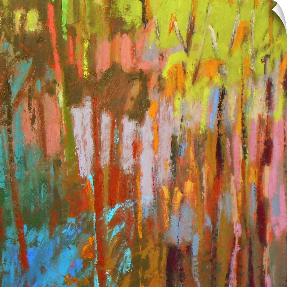 A contemporary abstract painting using vibrant colors resembling a dense forest.