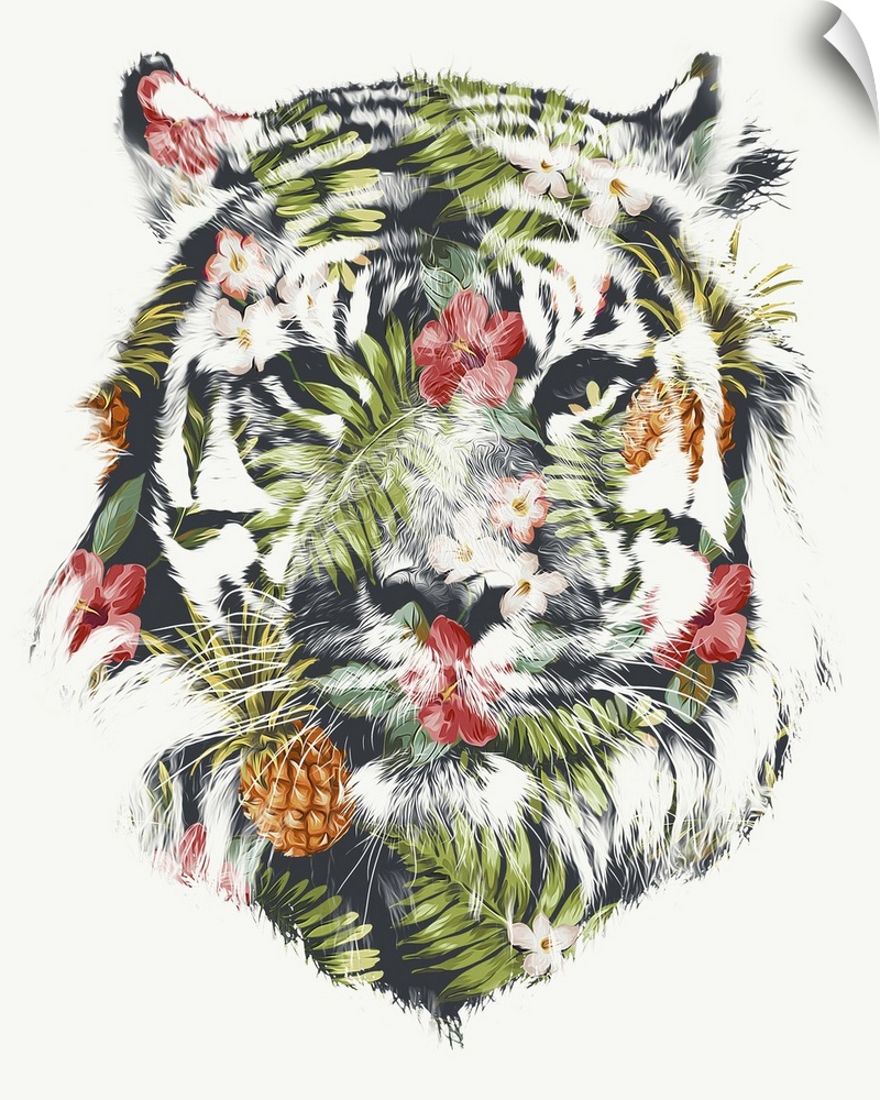 Contemporary artwork of the face of a tiger made up of tropical fruits and plants.
