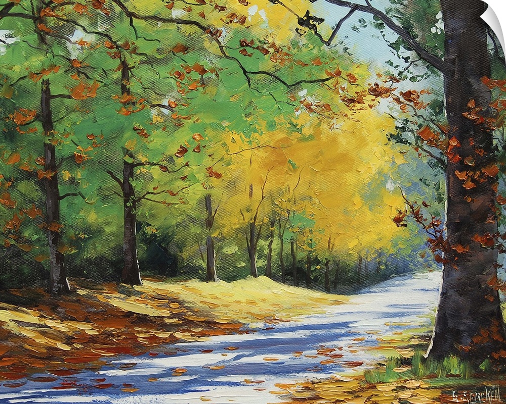 Contemporary painting of an idyllic countryside road cutting through autumn foliage.
