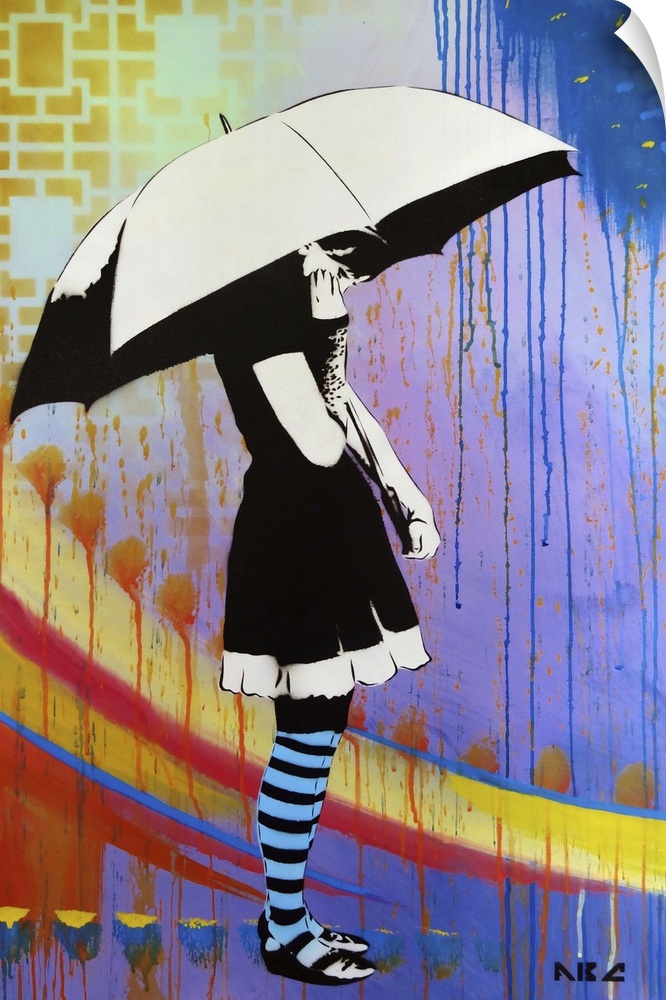 Urban painting of a woman holding a white umbrella.