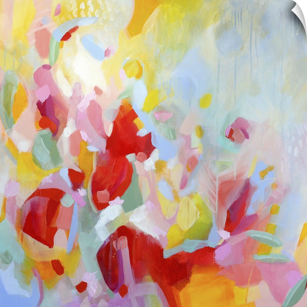 Contemporary abstract artwork in vibrant red, yellow, and pink, resembling a flower garden.