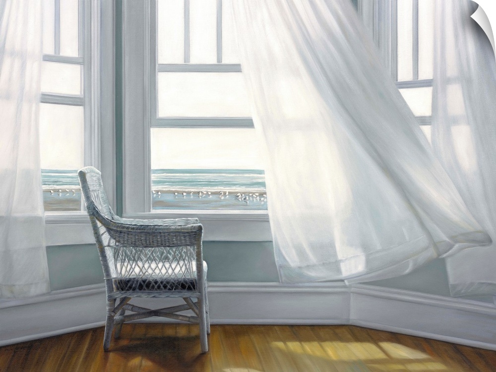 Contemporary still life painting of a chair next to an open window with a white curtain and the beach outside.