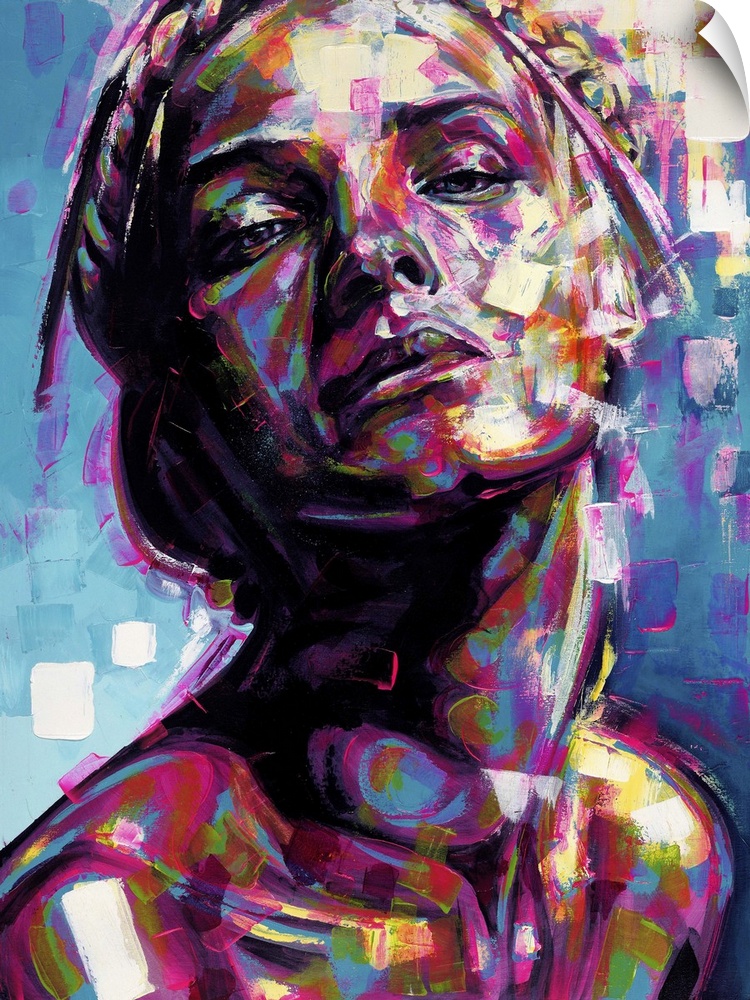 Vertical abstract portrait of a woman in vibrant colors.