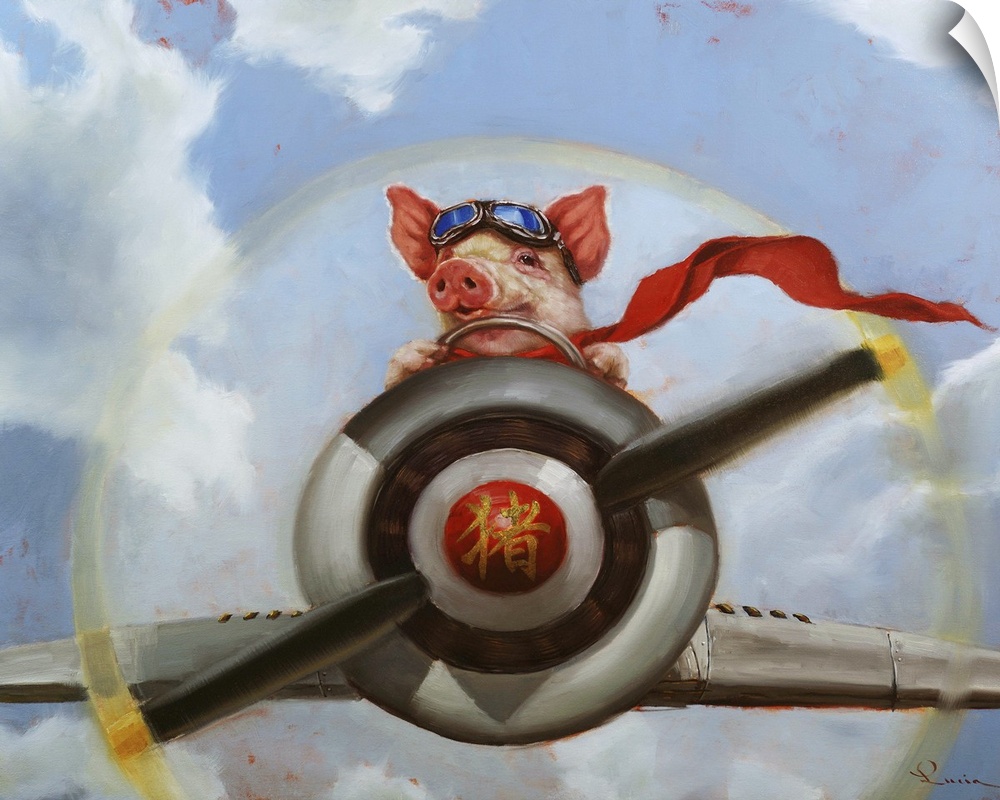 A painting of a pig flying an airplane.