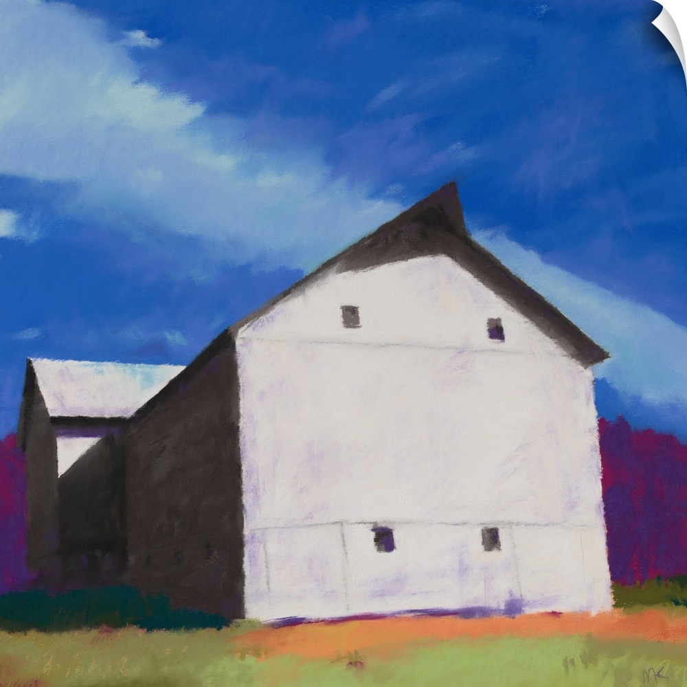 A contemporary painting of a white barn with a brilliant blue sky.