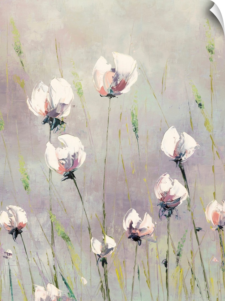 A light, contemporary painting of tall white flowers interspersed with green grasses on a neutral grey background