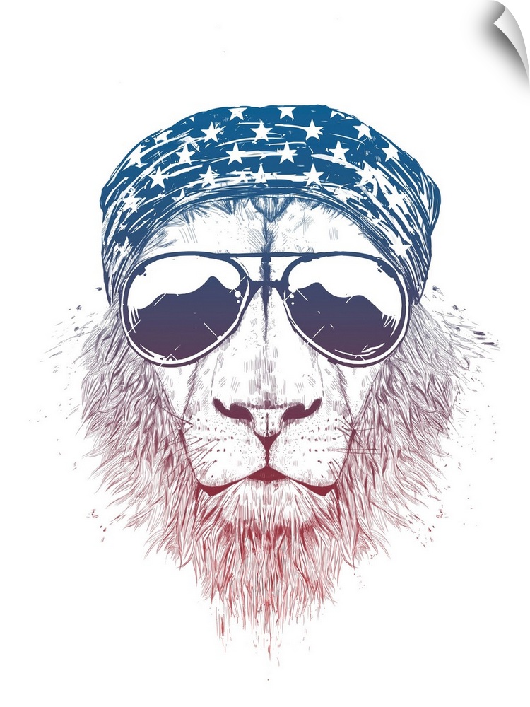 Portrait of lion wearing aviator sunglasses and a star spangled bandana.