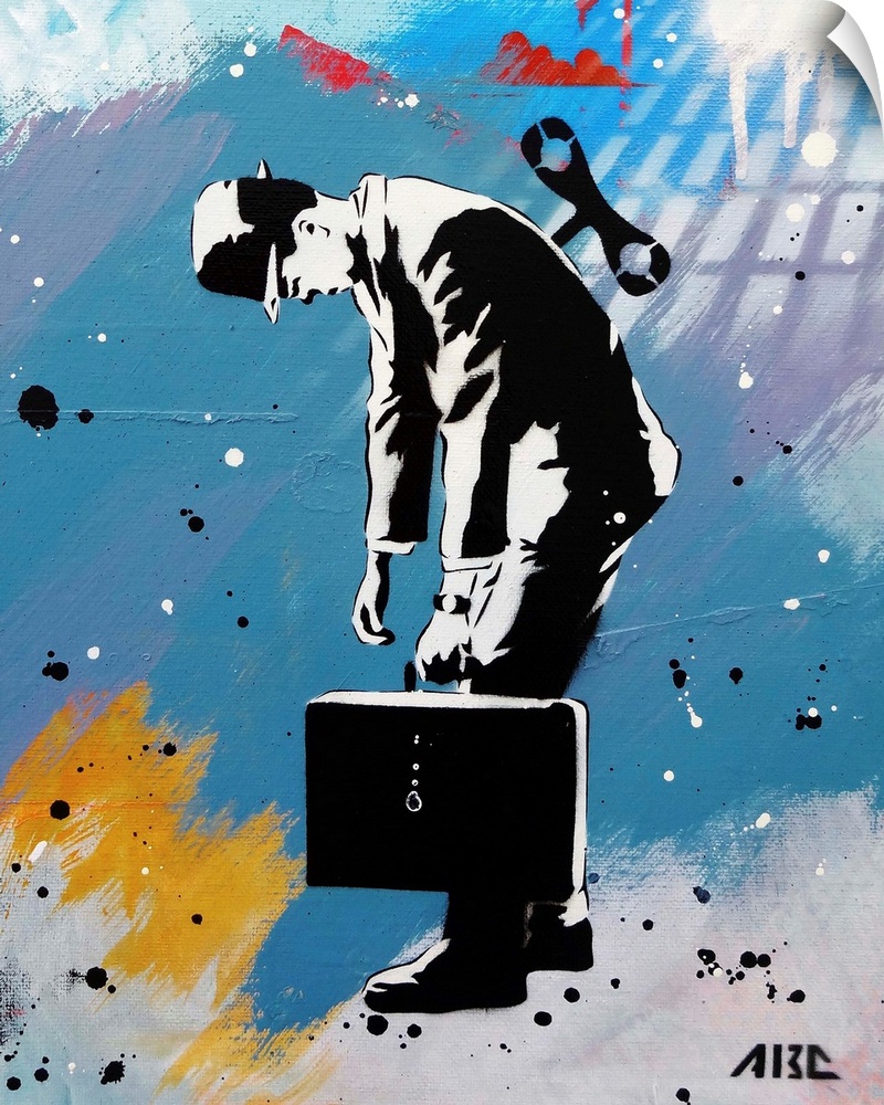 Urban painting of a business man with a wind-up key in his back.