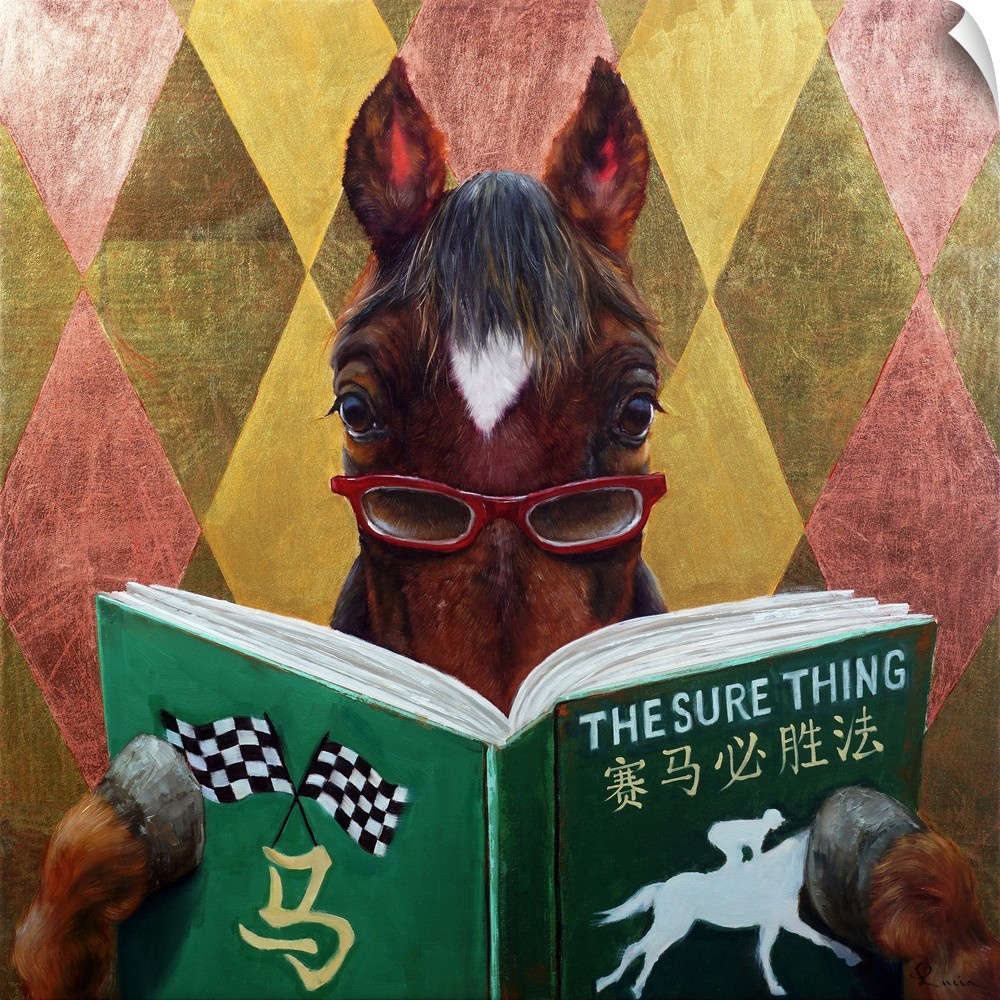 A square painting of a horse with eyeglasses, reading a betting book.