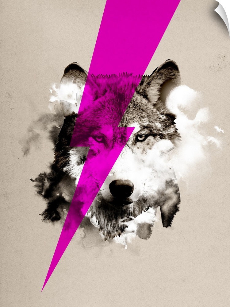 Decorative artwork of a wolf head revealed by smoke with a purple lightening bolt going across the wolf's eye.