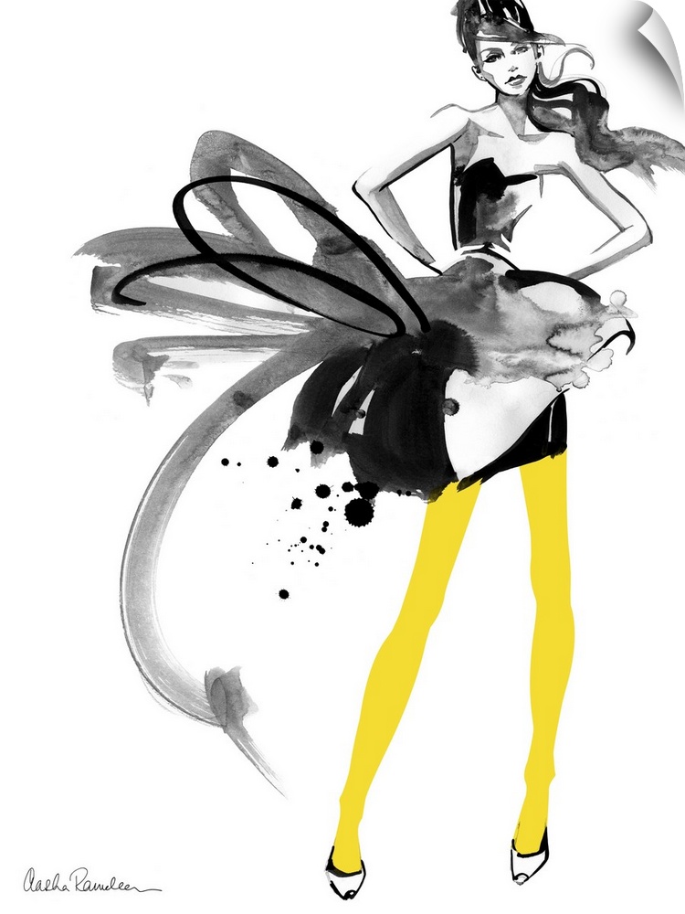 Contemporary fashion artwork of a woman wearing a decorative dress with bright yellow tights.