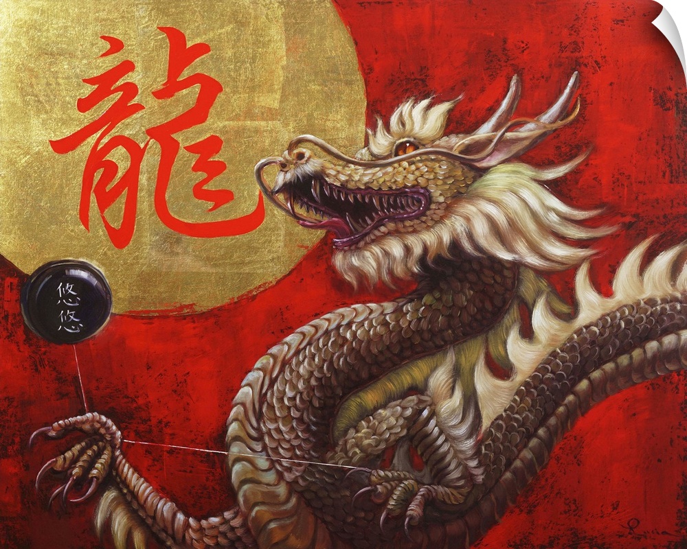 A painting of a chinese dragon against a red background.