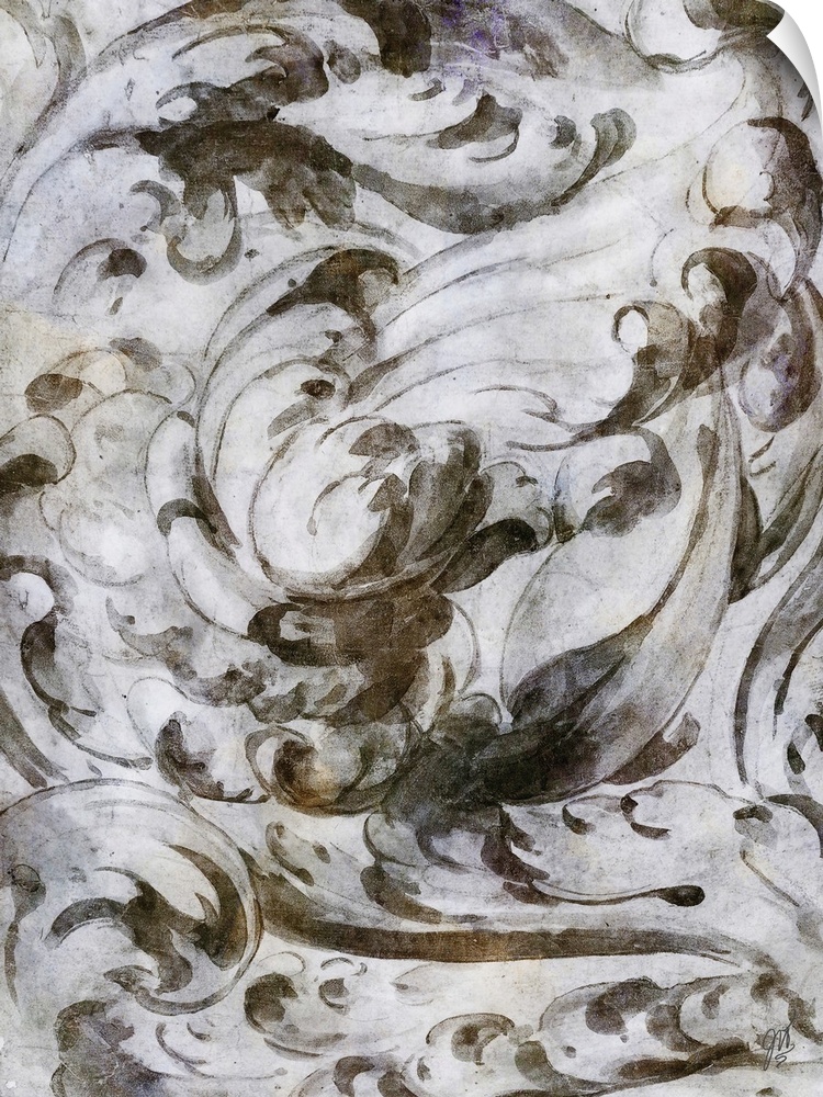 A simple watercolor sketch of a baroque architectural scroll in shades of grey.