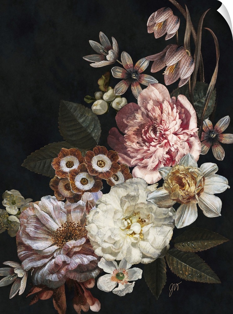 A cluster of beautiful old world flowers arranged over a dark background.