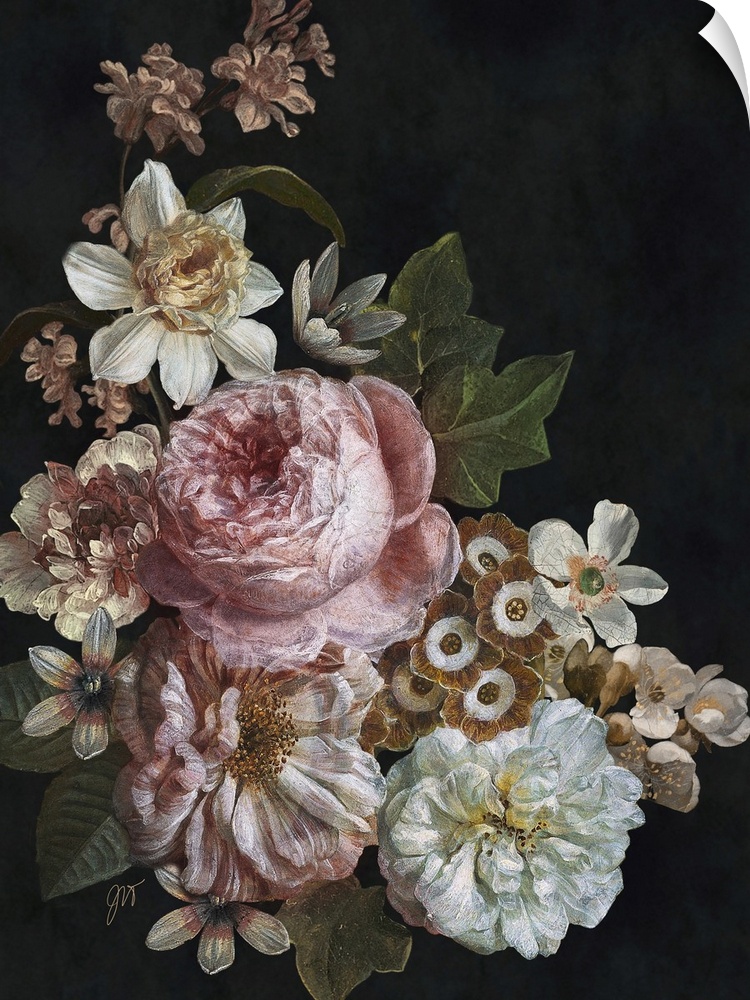 A cluster of beautiful old world flowers arranged over a dark background.