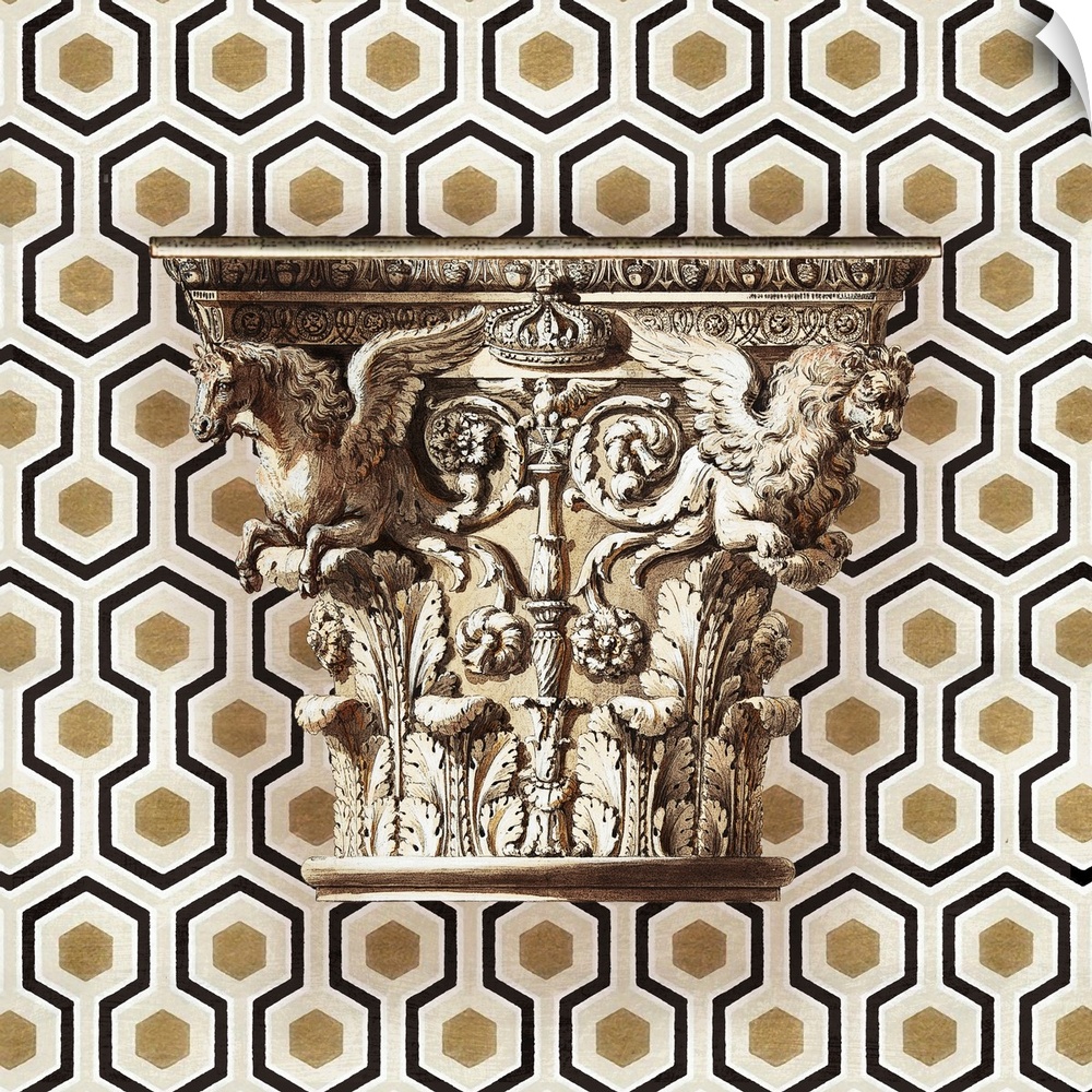 A classical Greco-Roman column over a modern graphic background.