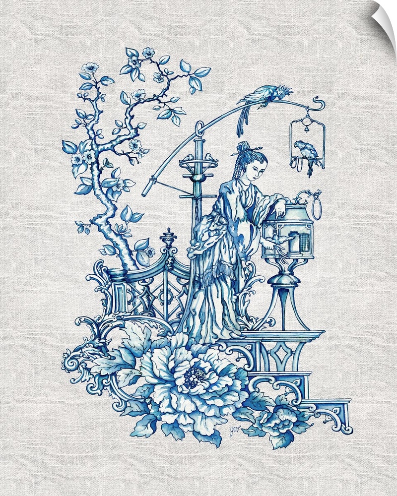 Chinoiserie featuring a mother and child in blue over a linen background.
