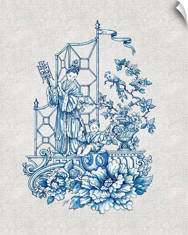 Chinoiserie featuring a woman with birds in blue over a linen background.