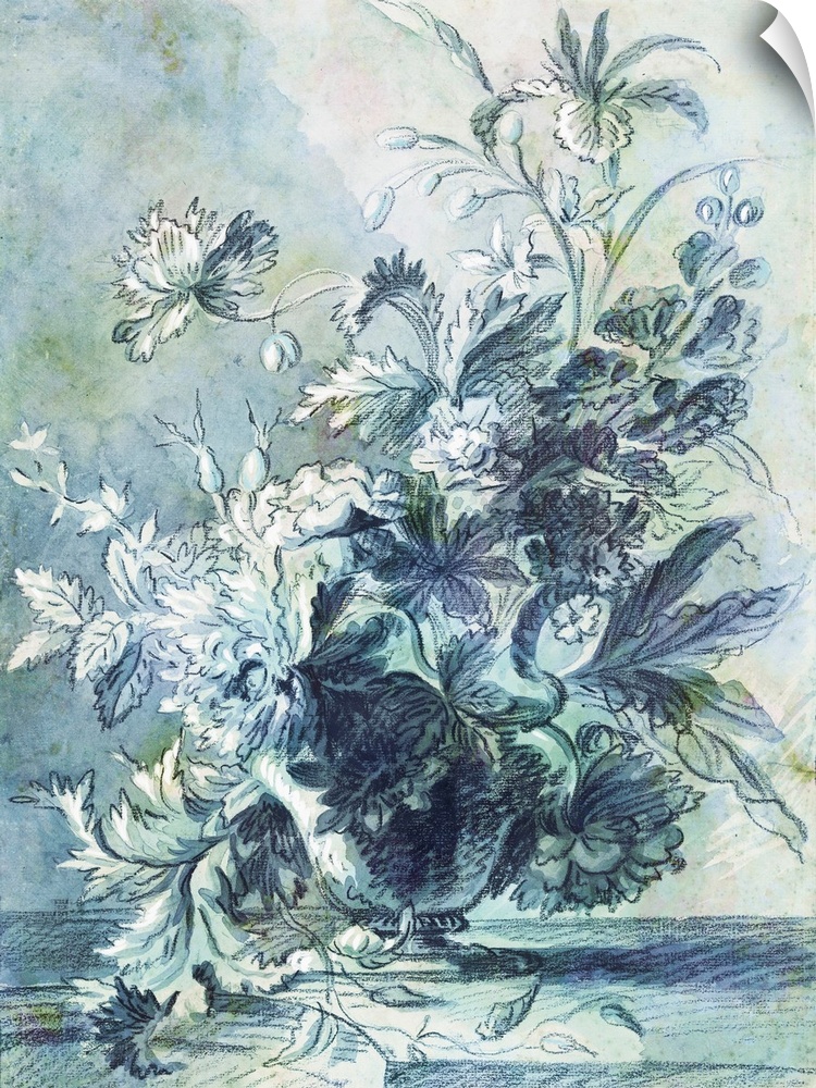 An old world sketch of a floral arrangement in pastel shades of blue and green.