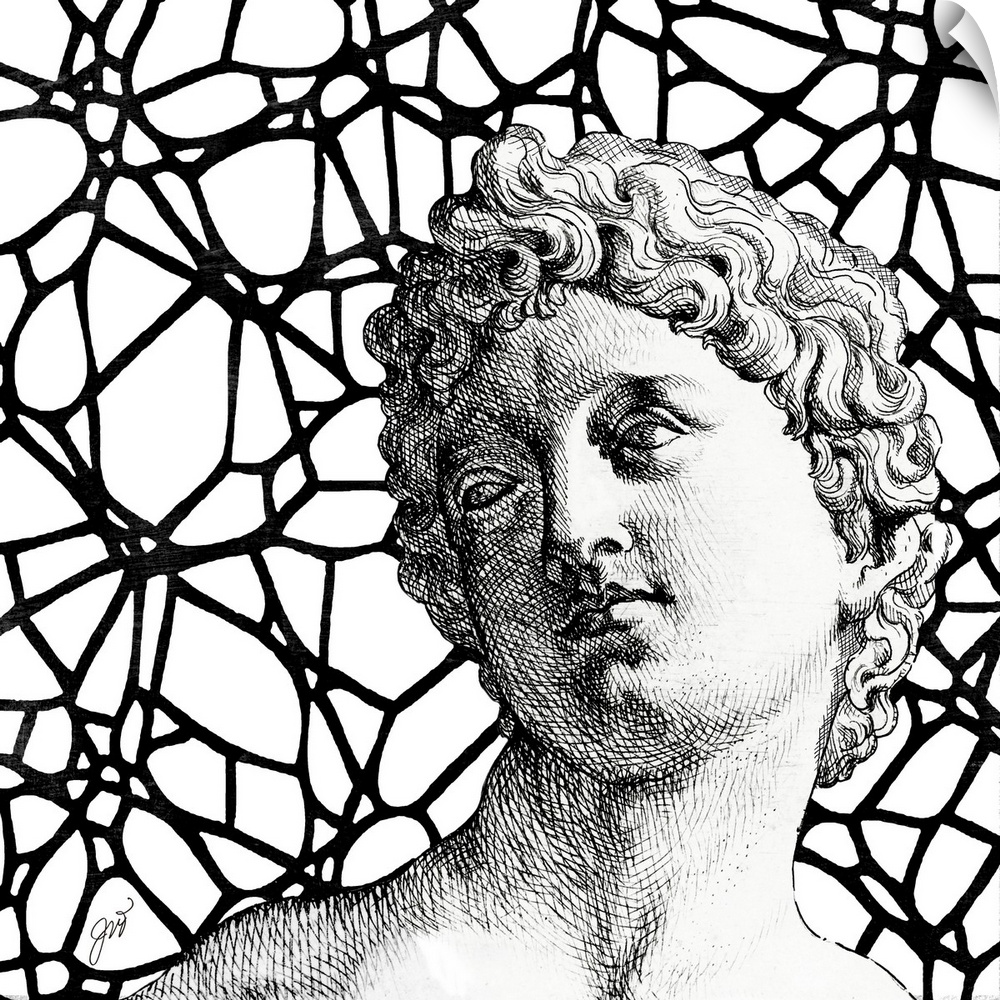 A classical Greco-Roman bust of a man over a modern graphic background.
