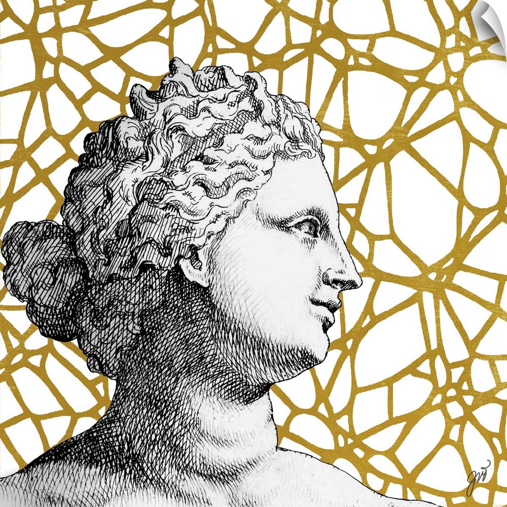 A classical Greco-Roman bust over a golden modern graphic background.