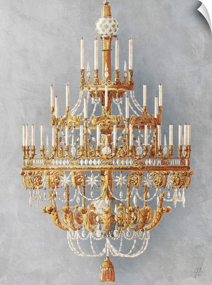 A gilded crystal chandelier dressed with candles.